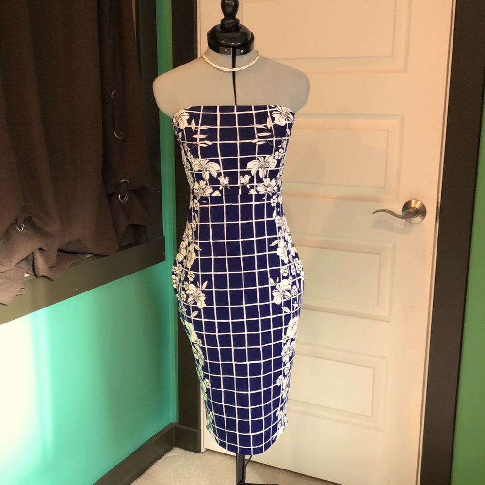 Express - Blue & White, Windowpane & Floral Strapless Midi Dress Size 0